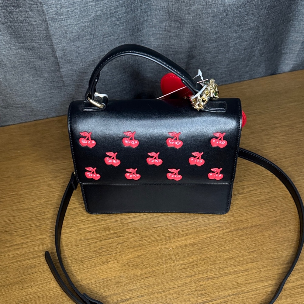 Betsey Johnson Black Crossbody Bag with Red Cherries & Heart Charms - Picture 8 of 17